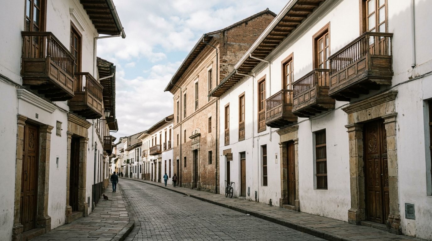 Calle del centro histórico de Bogotá, con fachadas coloniales y balcones de madera