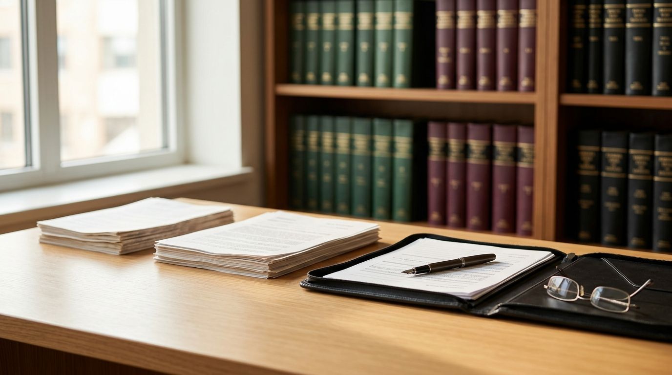 Escritorio con documentos, una carpeta abierta y una pluma, ante una estantería de libros jurídicos